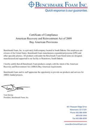 Click to download Benchmark Foam’s ARRA Buy America Act Certificate of Compliance